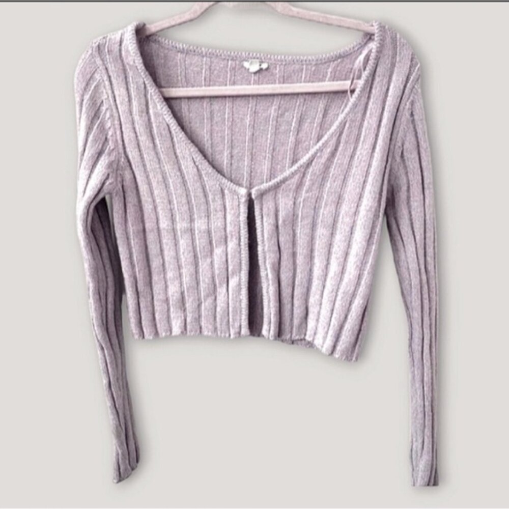 Garage Cotton Knit Ribbed Lilac Cropped Cardigan - Picture 4 of 10